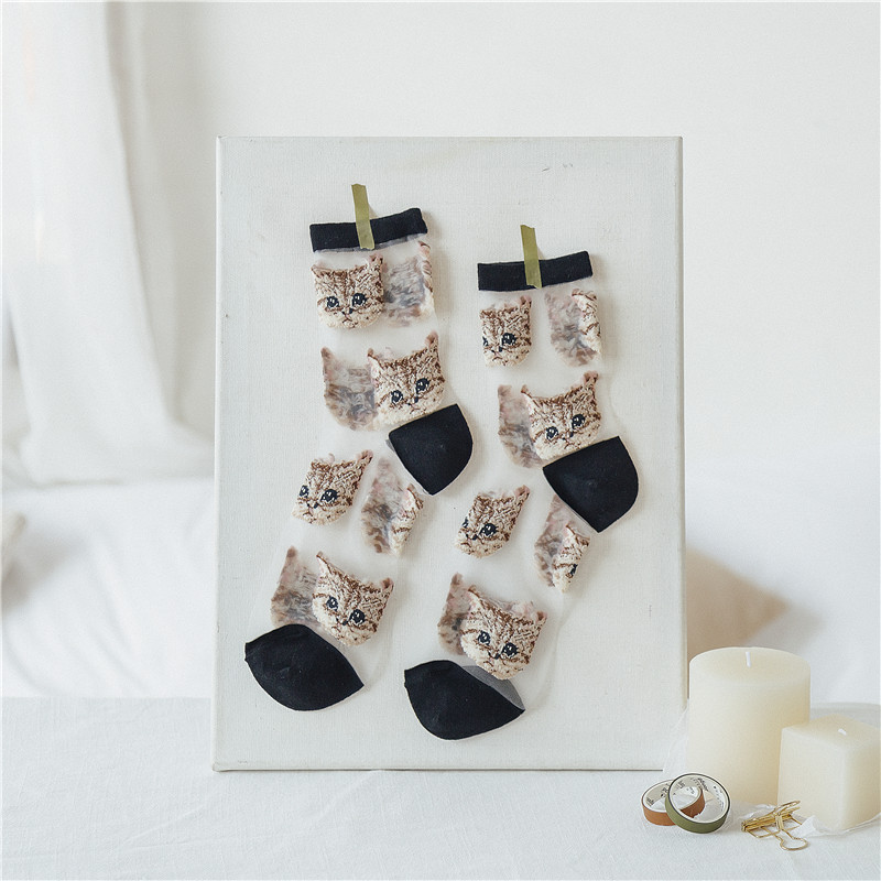 Spring Thin Socks Japanese Fashion Cat Silk Personalization Wind Socks Stockings Transparent Glass Silk Socks Ankle Stockings